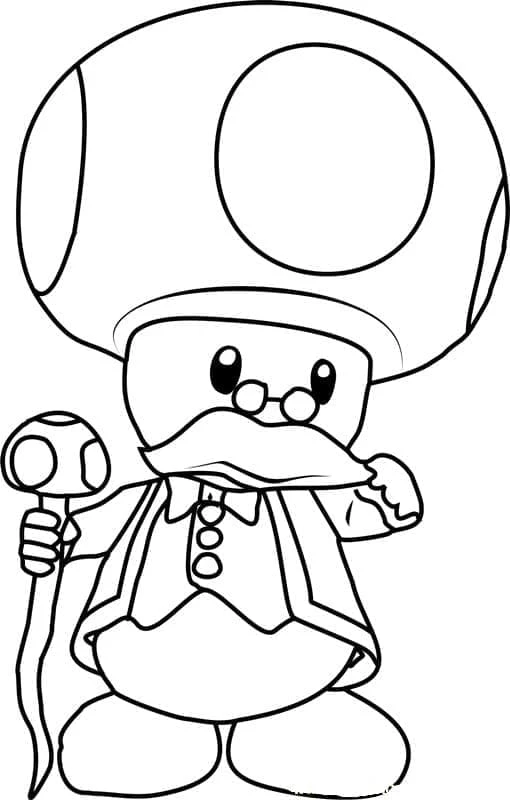 キノピオが老紳士に扮してステッキを持つ姿 のぬりえ