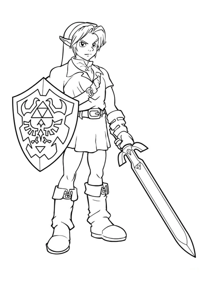 剣と盾を持って立つゼルダのキャラクター のぬりえ