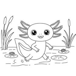 ウーパールーパーが池のほとりを歩く様子 のぬりえ
