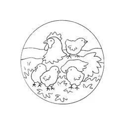 雌鶏とひよこが円の中に集まる場面 のぬりえ