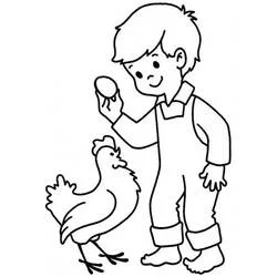 男の子と雌鶏とひよこ のぬりえ