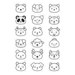 かわいい動物 の顔がグリッド状に並ぶ のぬりえ