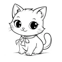 かわいい猫 リボンをつけて座る のぬりえ