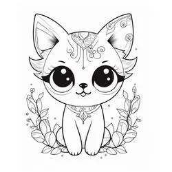 かわいい猫 装飾された耳と葉に囲まれて のぬりえ