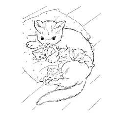 母猫と一緒に寄り添う子猫たち のぬりえ