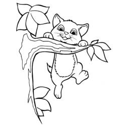 葉っぱの茎にぶら下がる子猫 のぬりえ