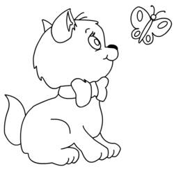 子猫が蝶を見つめる様子 のぬりえ