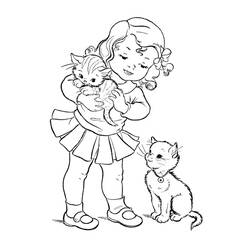 子猫を抱く女の子ともう一匹の子猫 のぬりえ