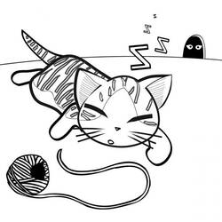 毛糸玉のそばで眠る子猫 のぬりえ