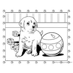 アルファベットブロックとボールと座る子犬 のぬりえ