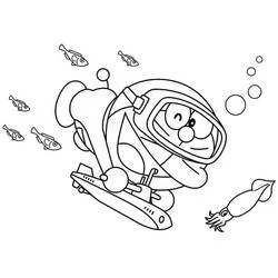 ドラえもんが魚と一緒に海の中を潜る のぬりえ