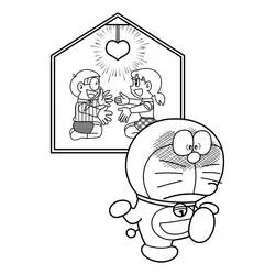 ドラえもんが照れるハートのシーン のぬりえ