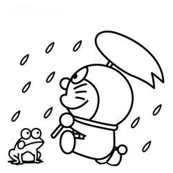 ドラえもんが雨の中でカエルと一緒に歩く様子 のぬりえ