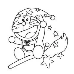 ドラえもんが魔法の杖に乗って飛ぶ絵 のぬりえ