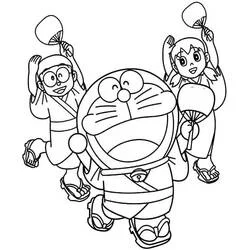 ドラえもん、のび太としずかがうちわを持って踊る のぬりえ