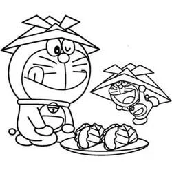 麦わら帽子をかぶったドラえもんと餃子 のぬりえ