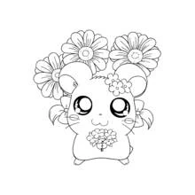 大きな花に囲まれたハムタロウ のぬりえ