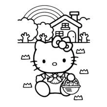 ハローキティがバスケットを持って家の前にいる のぬりえ