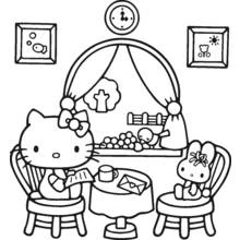 ハローキティが手紙を読むうさぎの友達との場面 のぬりえ