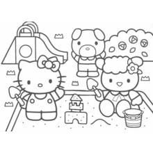 ハローキティが友達と砂場で遊んでいる のぬりえ