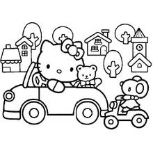 ハローキティが車を運転してくまのぬいぐるみと一緒 のぬりえ