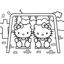 ハローキティと友達がブランコに乗る場面 のぬりえ