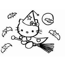 ほうきに乗って飛ぶハローキティ のぬりえ