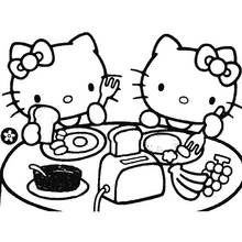 朝食を食べるハローキティと友達 のぬりえ