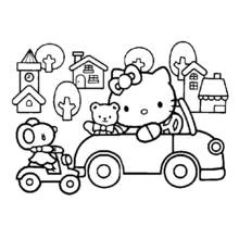 ハローキティがクマのぬいぐるみと車に乗っている のぬりえ