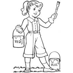 画家の女の子が筆とペンキ缶を持っている絵 のぬりえ