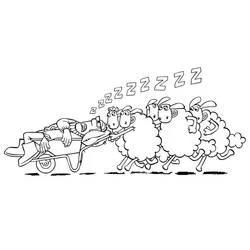 ひつじのショーンが眠る農夫を乗せた一輪車を押す場面 のぬりえ