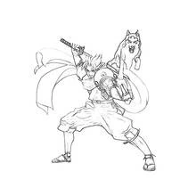 狼の霊とともに戦う構えの侍 のぬりえ