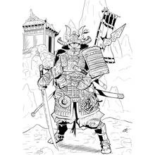 刀と旗を持つ侍の立ち姿 のぬりえ