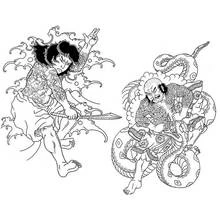 巨大な蛇と戦う侍 のぬりえ