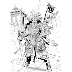 刀を持ち鎧をまとって立つ侍 のぬりえ