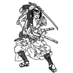二本の刀を構える侍 のぬりえ