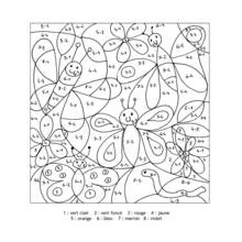 引き算パズルのついた蝶とてんとう虫 のぬりえ