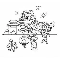 中国の新年と子どもたちと竜 のぬりえ