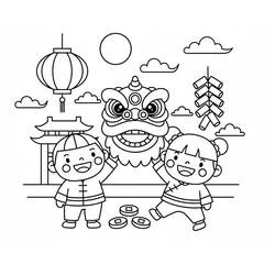 中国の新年と子どもたちとライオンダンス のぬりえ