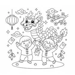 中国の新年の龍と子どもたちと提灯 のぬりえ