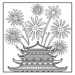 中国の新年 塔と花火 のぬりえ