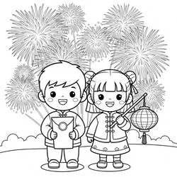 中国の新年 花火と提灯のカップル のぬりえ