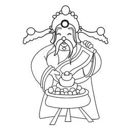 中国の新年の神様と宝物と提灯 のぬりえ