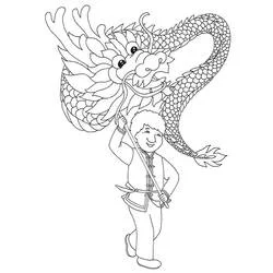 凧を上げる子どもと中国の新年の龍 のぬりえ