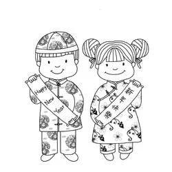 お団子髪の女の子と巻物の男の子 のぬりえ