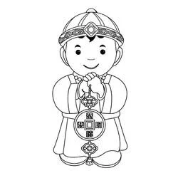 中国の新年の伝統衣装を着た少年 のぬりえ