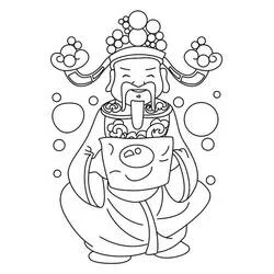 中国の新年の神様と硬貨と提灯 のぬりえ