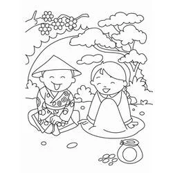 伝統的な衣装を着た二人の子どもが外で座っている絵 のぬりえ