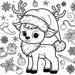 サンタ帽をかぶったクリスマスのトナカイ のぬりえ