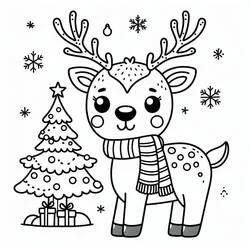 マフラーを巻いたクリスマスのトナカイとツリー のぬりえ